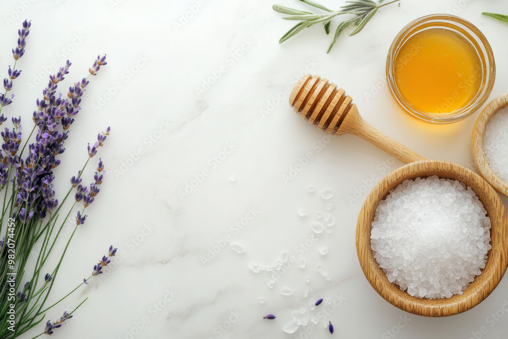 Natural spa flat lay featuring sea salt, honey, lavender, and olive oil for a calming self-care routine at home Natural spa flat lay featuring sea salt, honey, lavender, and olive oil for a calming self-care routine at home