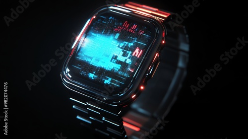Futuristic smartwatch with glowing blue and red screen display.