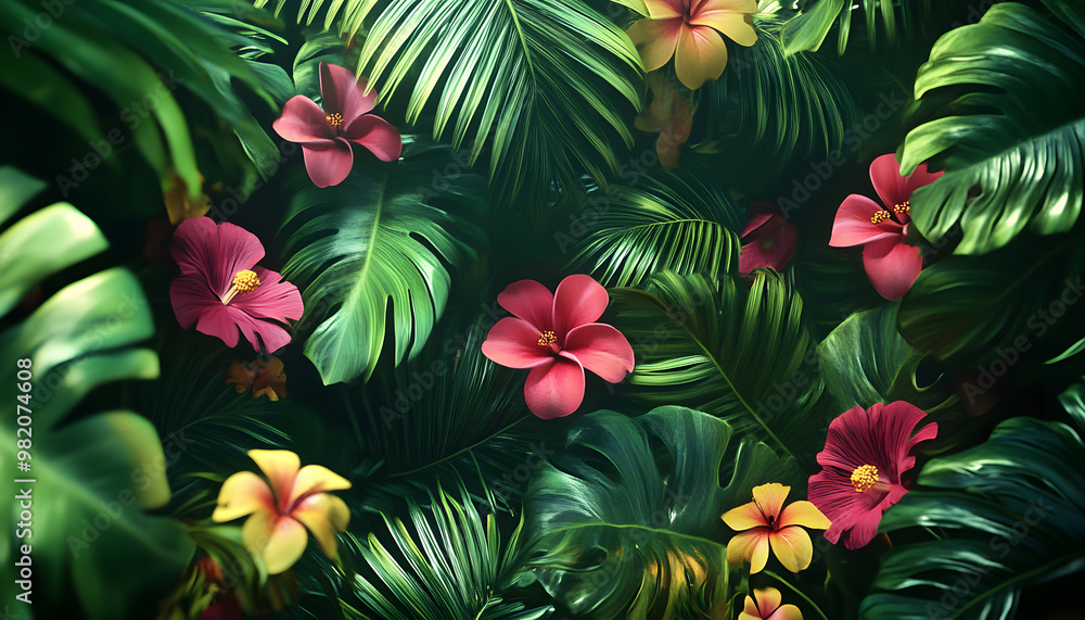 A lush jungle scene with vibrant green leaves and exotic flowers, bringing the warmth of the tropics to your screen A lush jungle scene with vibrant green leaves and exotic flowers, bringing the warmth of the tropics to your screen