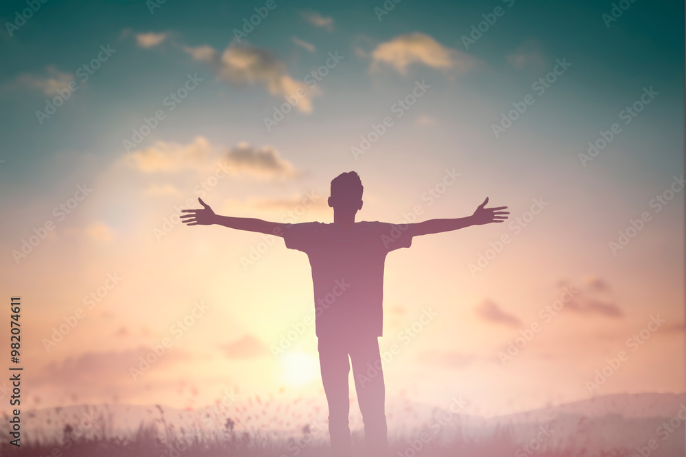 Happy man rise hand on morning view. Christian inspire praise God on good friday background. Now one man self confidence on peak open arms enjoying nature the sun concept world wisdom fun hope Happy man rise hand on morning view. Christian inspire praise God on good friday background. Now one man self confidence on peak open arms enjoying nature the sun concept world wisdom fun hope
