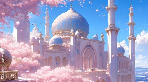 Grand Mosque with Cherry Blossoms in Full Bloom, Elegant Dome and Minarets. Anime style  photo