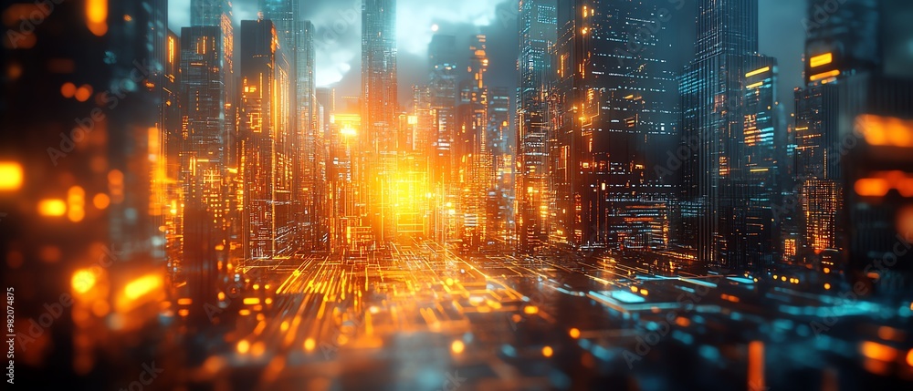 Fototapeta premium AI-driven cityscape, advanced technology, digital society, futuristic design