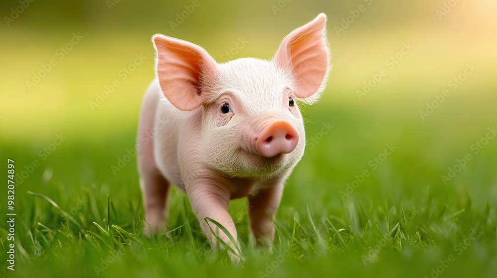 A cute piglet walking through lush green grass, showcasing its playful nature and adorable features in a serene setting. A cute piglet walking through lush green grass, showcasing its playful nature and adorable features in a serene setting.