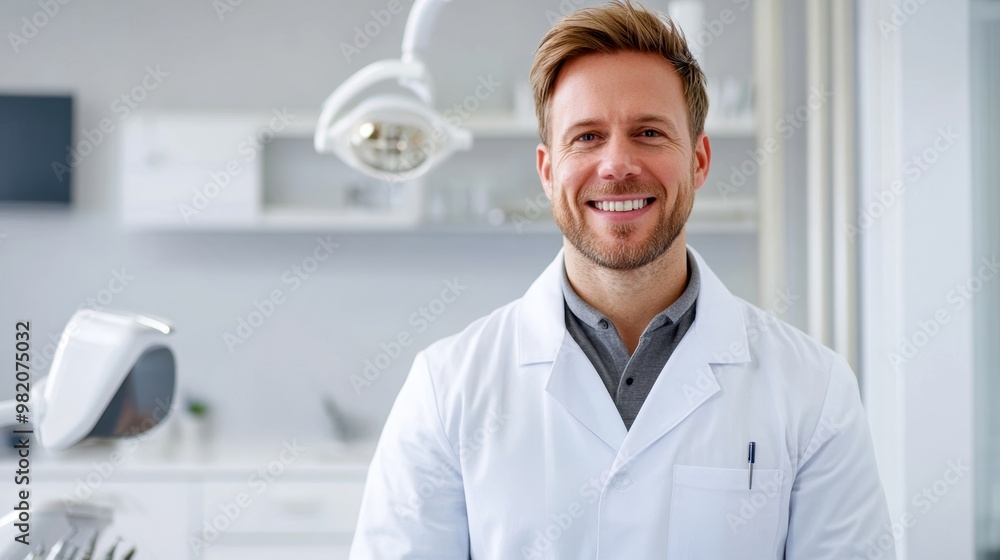 Fototapeta premium A confident male dentist in a white coat, smiling warmly in a modern dental clinic, exuding professionalism and care.