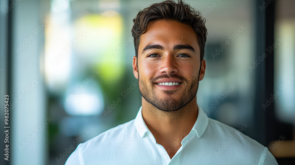Obraz premium Confident Businessman in White Shirt Smiling at Camera in Office Environment - Professional, Positive Attitude, Corporate Setting with Copy Space