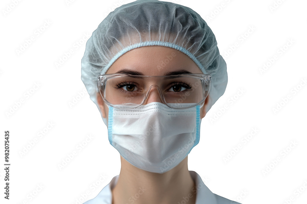 Portrait of female doctor in protective cap and protective mask close-up on transparent background Portrait of female doctor in protective cap and protective mask close-up on transparent background