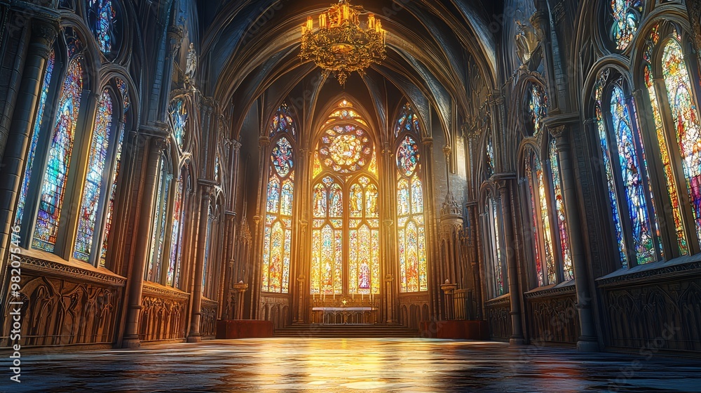 A majestic gothic cathedral interior with stained glass windows and an ornate chandelier. A majestic gothic cathedral interior with stained glass windows and an ornate chandelier.