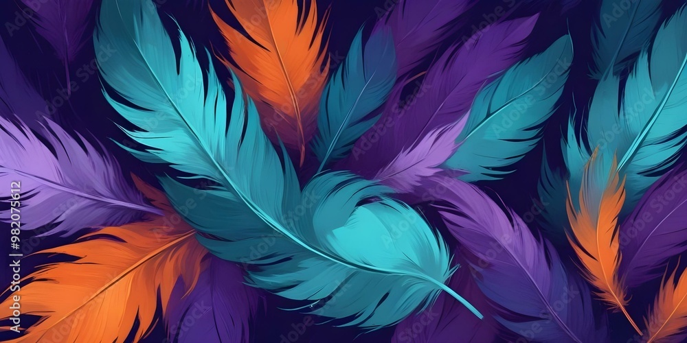 Vibrant abstract feathers in shades of teal, purple, and orange, bold and slim lines, brush strokes. Vibrant abstract feathers in shades of teal, purple, and orange, bold and slim lines, brush strokes.