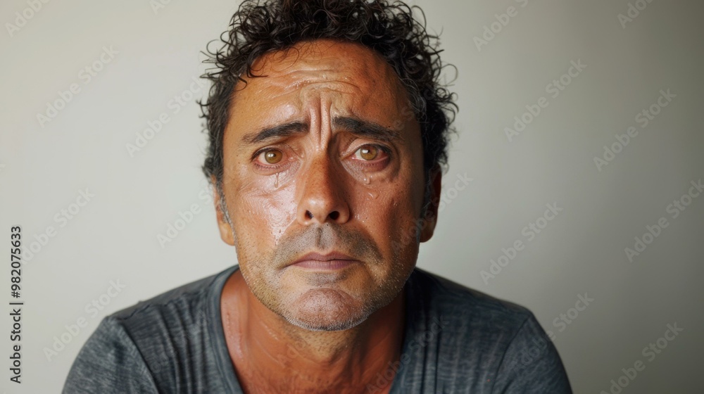 A sad man with tears in his eyes looks directly at the camera. AI. A sad man with tears in his eyes looks directly at the camera. AI.