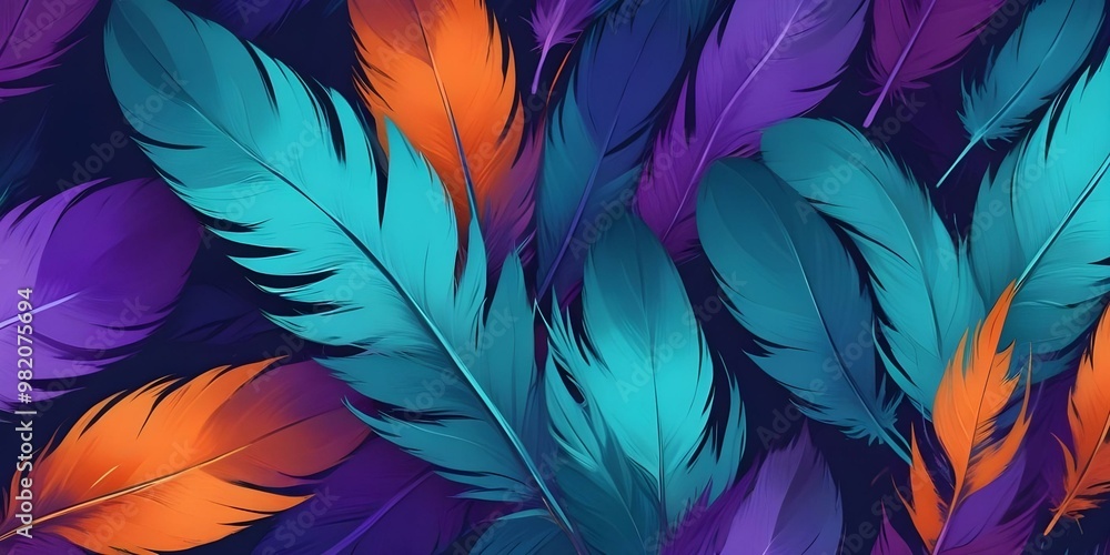 Obraz premium Vibrant abstract feathers in shades of teal, purple, and orange, bold and slim lines, brush strokes.