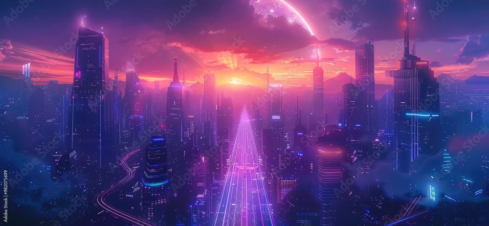 Neon lights and sleek skyscrapers illuminate a futuristic cityscape. Generative AI. Neon lights and sleek skyscrapers illuminate a futuristic cityscape. Generative AI.