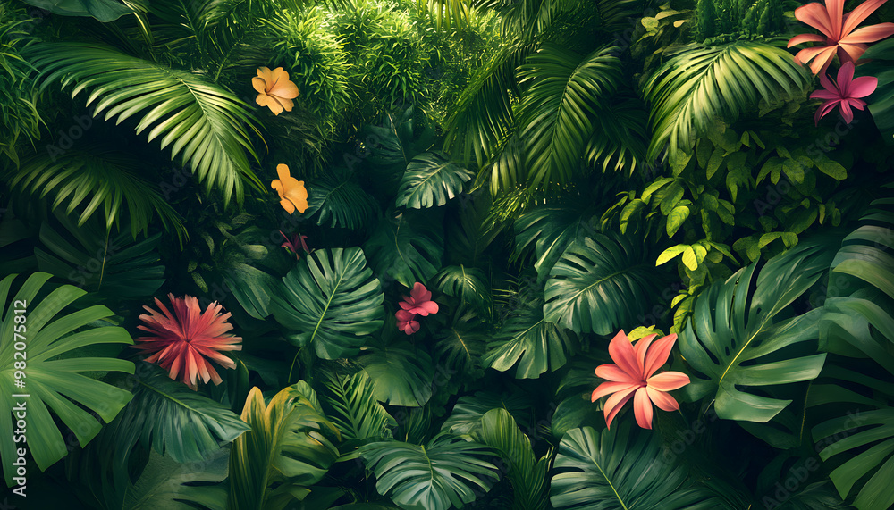 A lush jungle scene with vibrant green leaves and exotic flowers, bringing the warmth of the tropics to your screen A lush jungle scene with vibrant green leaves and exotic flowers, bringing the warmth of the tropics to your screen