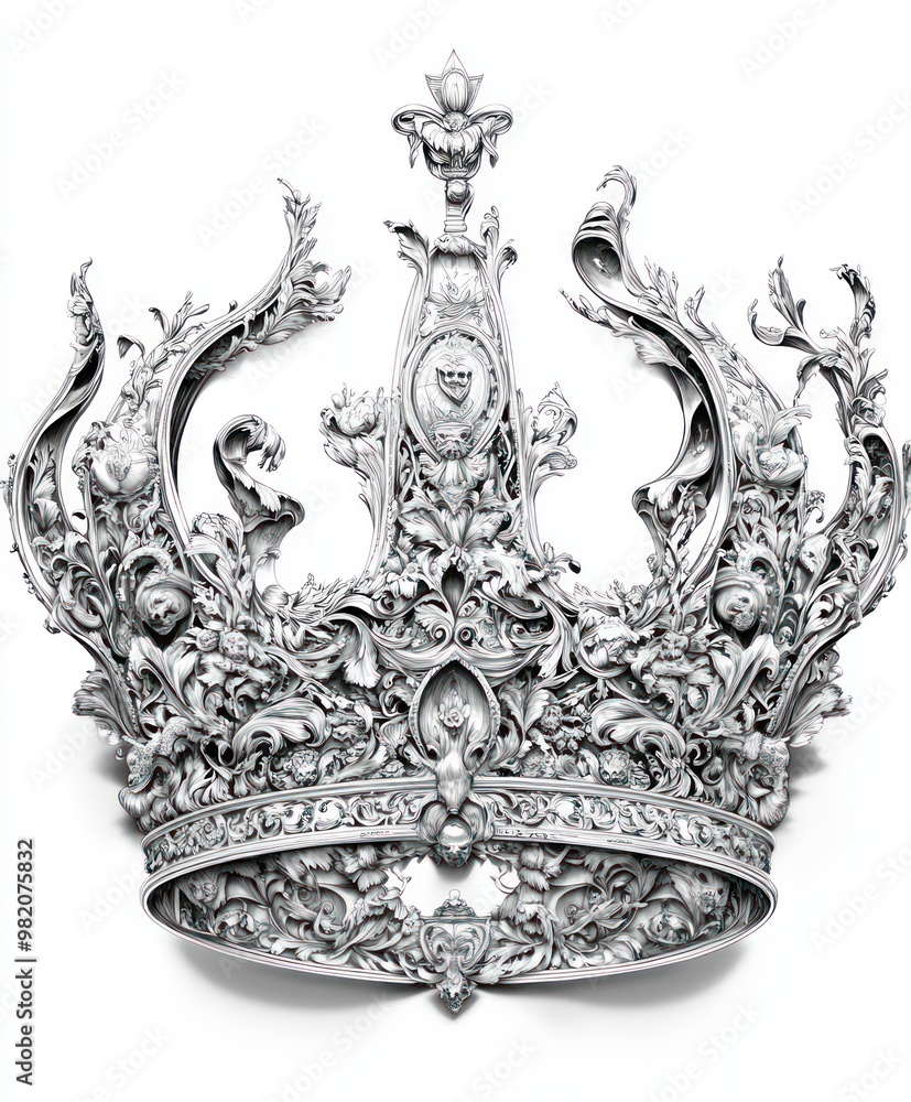 Ornate silver crown adorned with intricate floral designs and jewels. Ornate silver crown adorned with intricate floral designs and jewels.