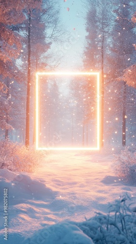 Luminous square, rectangular Frame amidst a snowy winter landscape Abstract Natural Creative Background Mockup for natural Products Advertising, New Year and Christmas card