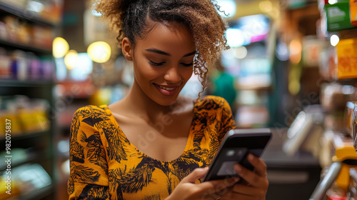 Cheerful Young Woman Using Smartphone for Digital Payment in a Retail Store, Modern Lifestyle and Technology, Happy Shopper Embracing Cashless Transactions photo