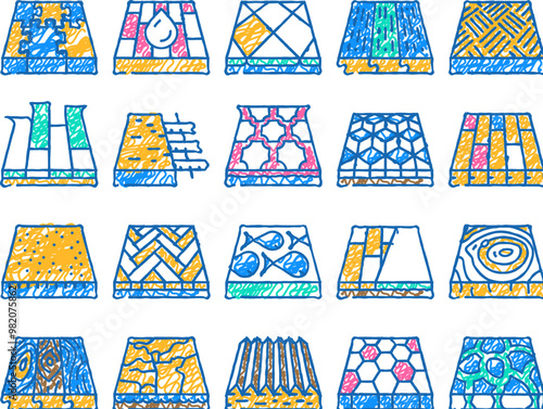 floor material layers renovation doodle icons set vector. sketch line art tile and parquet, stone and wooden floor material, linoleum and carpet, children play room ground contour illustrations