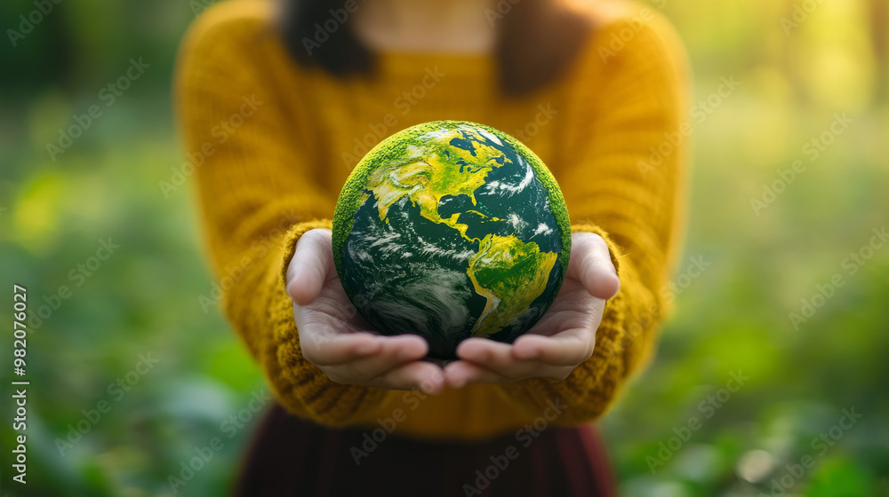 Concept of Earth Day with a woman holding an icon of Earth. Emphasizing the message to save the world and protect the environment, focusing on ecological awareness and sustainability. Concept of Earth Day with a woman holding an icon of Earth. Emphasizing the message to save the world and protect the environment, focusing on ecological awareness and sustainability.