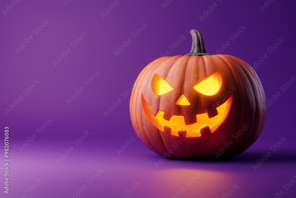 Halloween pumpkin with glowing eyes, isolated on a purple background Halloween pumpkin with glowing eyes, isolated on a purple background