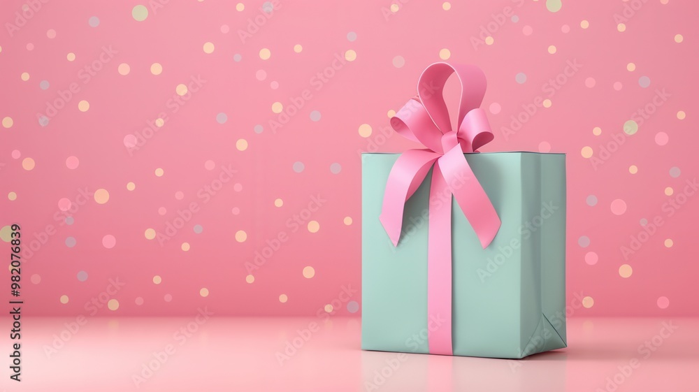 A beautifully wrapped teal gift box with a pink ribbon against a playful pink dotted background, perfect for celebrations.
A beautifully wrapped teal gift box with a pink ribbon against a playful pink dotted background, perfect for celebrations.