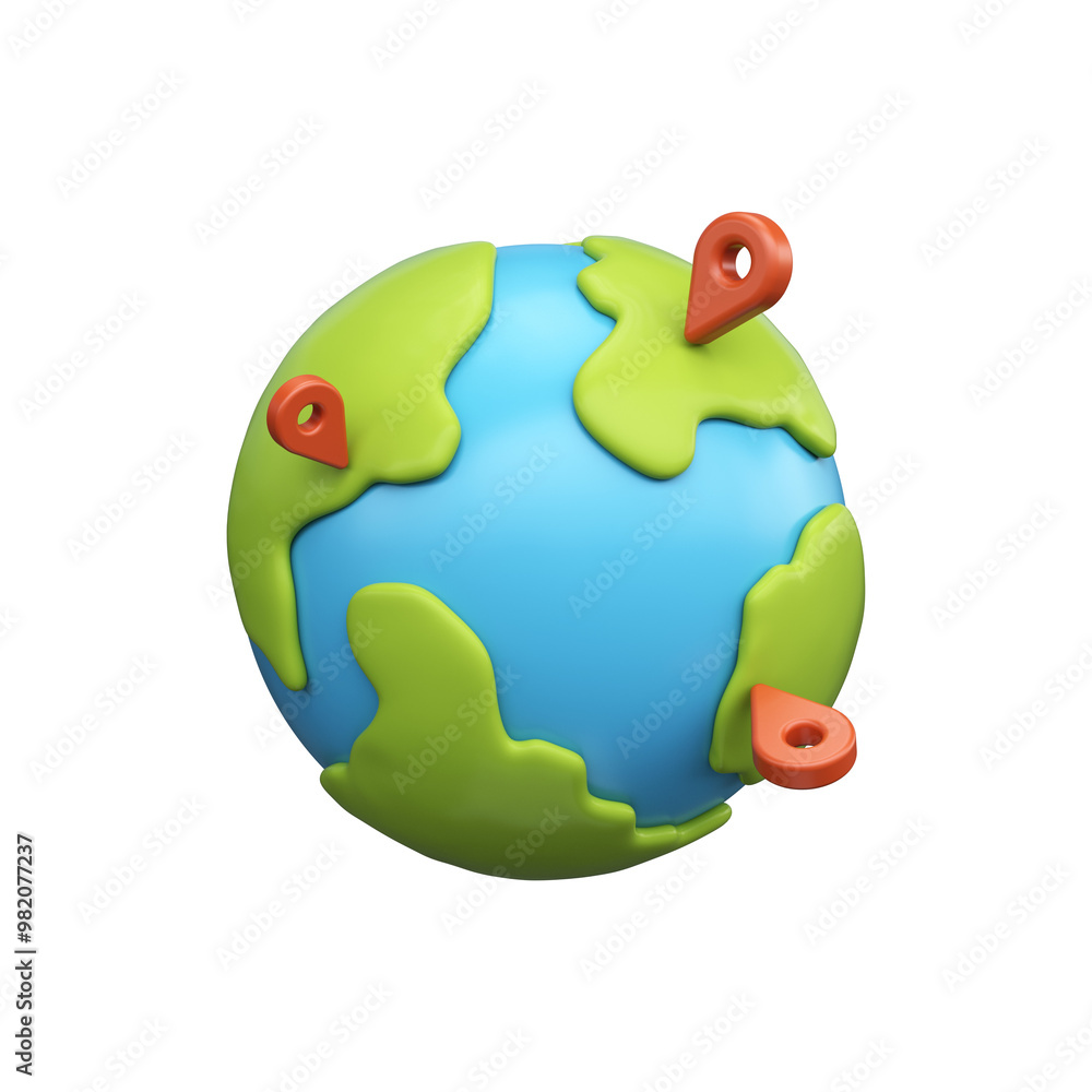Naklejka premium Cartoon 3D illustration of a globe with red pins. Travel, navigation or route tracking concept.