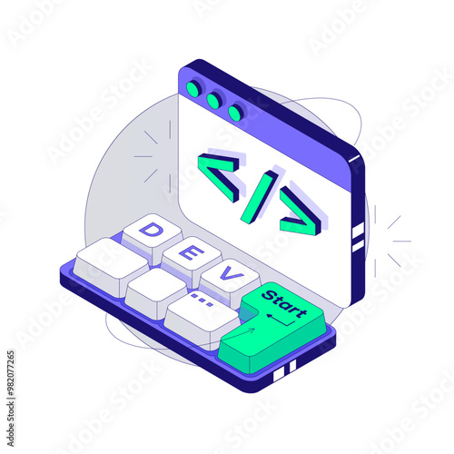 Small Mini Keyboard with Programming Inscription Dev. Developer concept. Isometric vector illustration 