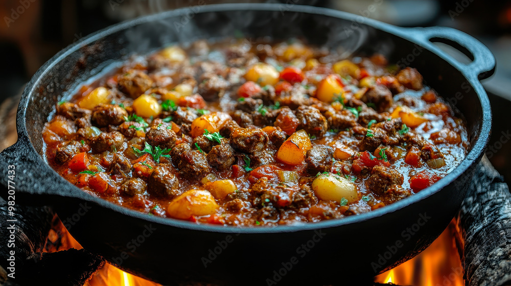 Rustic Goulash Simmering in Cast Iron Pot Over Open Flame - Homestyle Cooking, Campfire Recipe, Hearty Stew, Outdoor Cooking Concept, Comfort Food, Autumn-Winter Cuisine Rustic Goulash Simmering in Cast Iron Pot Over Open Flame - Homestyle Cooking, Campfire Recipe, Hearty Stew, Outdoor Cooking Concept, Comfort Food, Autumn-Winter Cuisine