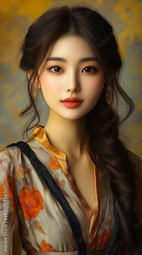 Elegant Portrait of a Beautiful Asian Woman with Intricate Hairstyle and Floral Traditional Dress in a Serene Setting, Highlighting Grace and Beauty for Fashion, Culture, and Photography Themes Elegant Portrait of a Beautiful Asian Woman with Intricate Hairstyle and Floral Traditional Dress in a Serene Setting, Highlighting Grace and Beauty for Fashion, Culture, and Photography Themes