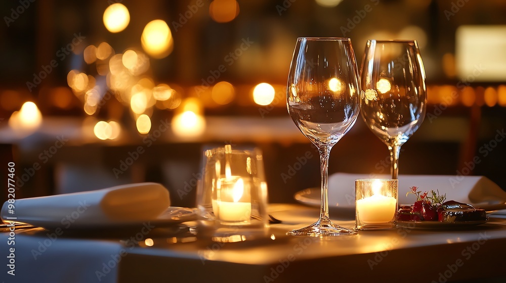 Romantic table setting with candles and wine glasses. Romantic table setting with candles and wine glasses.