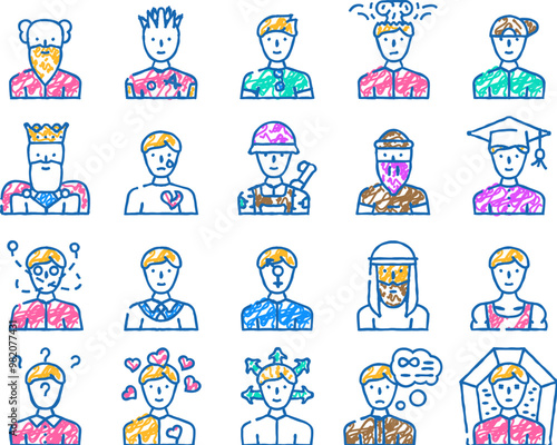 male business and expression doodle icons set vector. sketch line art madness and lovely male, choice of direction and brain explosion man, childhood, old aged pensioner contour illustrations