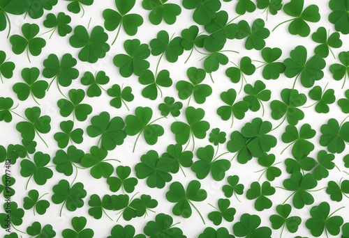 Frame of Shamrocks clover leaves St. Patrick's Day celebrating background on blurred light green background. 3d rendering 