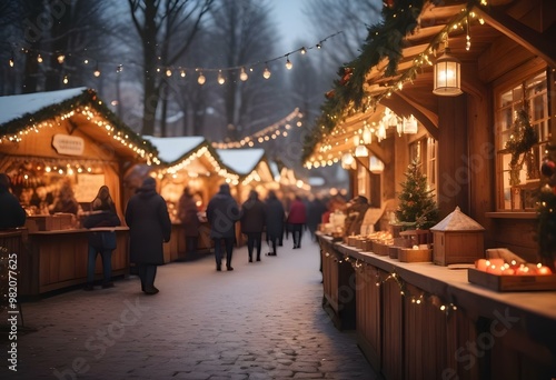 A bustling Christmas market with wooden stalls, twinkling lights, and a festive atmosphere. The market is set against a backdrop of trees and a blurred winter landscape.