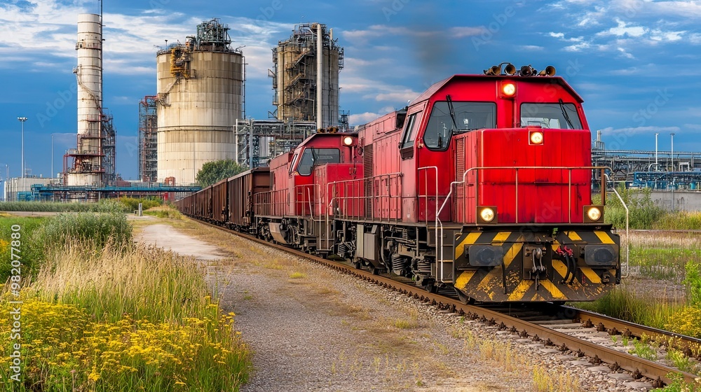 Naklejka premium Red locomotives transporting cargo near industrial site.