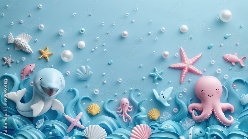 sea life with friendly dolphins, smiling fish, excited octopus, friendly jellyfish, starfish, seashells, pearls sea life with friendly dolphins, smiling fish, excited octopus, friendly jellyfish, starfish, seashells, pearls