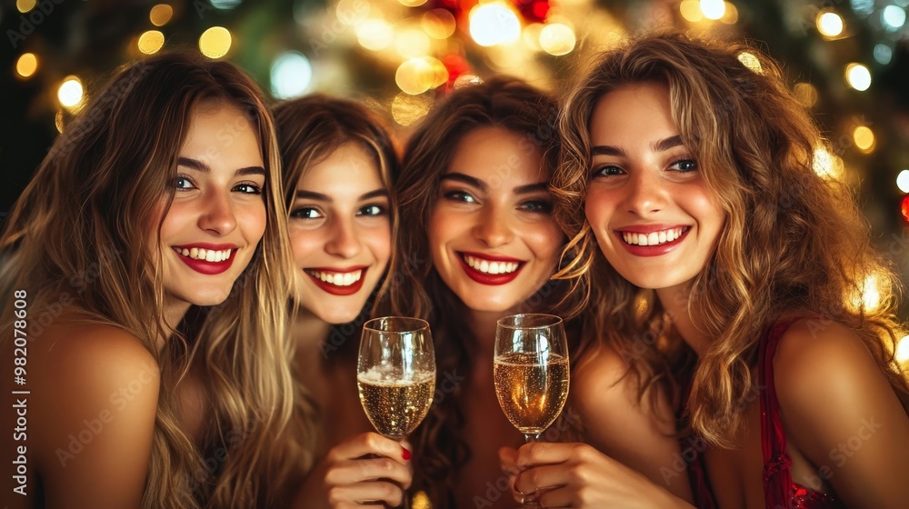 Celebrating Friendship Joyful Women Toast with Sparkling Wine Amidst Festive Christmas Lights Celebrating Friendship Joyful Women Toast with Sparkling Wine Amidst Festive Christmas Lights