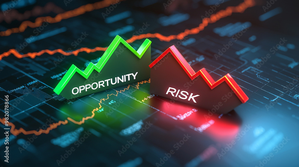 Fototapeta premium A 3D model of two abstract financial charts: one green labeled 