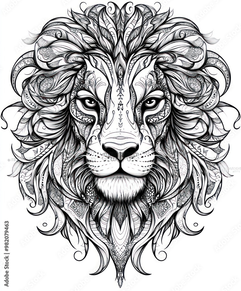 A detailed black-and-white illustration of a lion's head with intricate patterns and designs. A detailed black-and-white illustration of a lion's head with intricate patterns and designs.