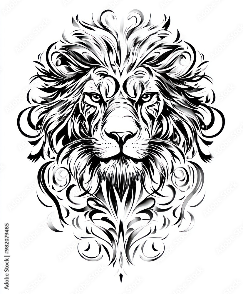 Obraz premium A stylized black and white lion's head with intricate floral patterns.