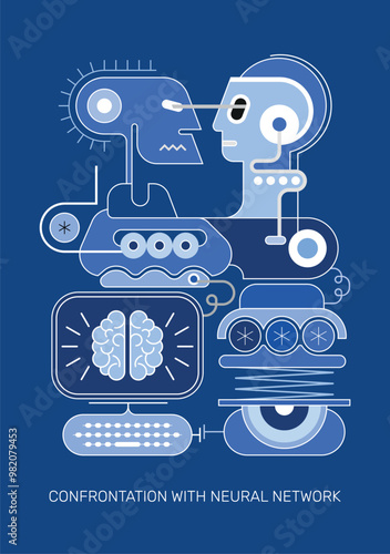 Human and artificial intelligence confront each other in virtual space. Shades of blue isolated on a dark blue background modern art vector illustration.