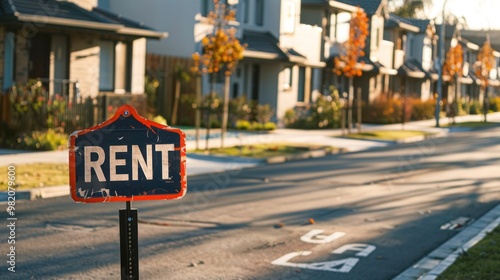 Rent Sign on Street in Front of Houses