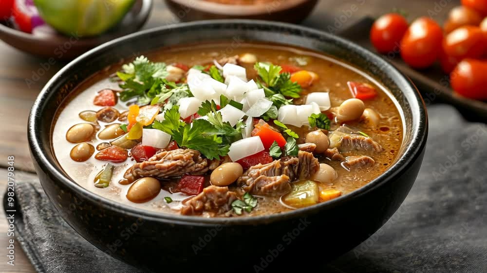 Hearty beef soup recipe with fresh vegetables and spices in a rustic kitchen setting Hearty beef soup recipe with fresh vegetables and spices in a rustic kitchen setting