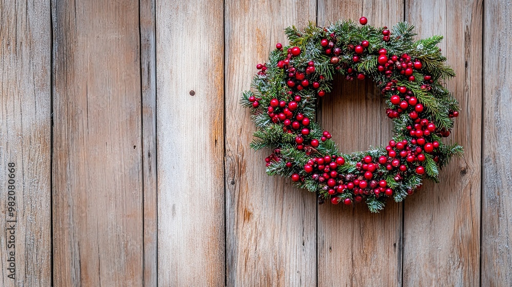 Holiday wreath with red berries on wooden wall. Holiday wreath with red berries on wooden wall.