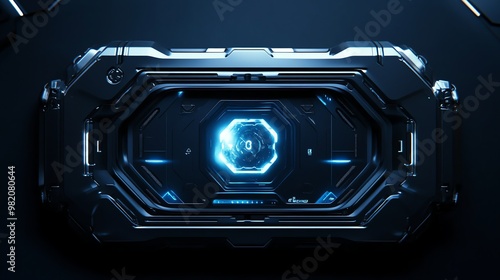 A futuristic, metallic panel with a glowing blue display.