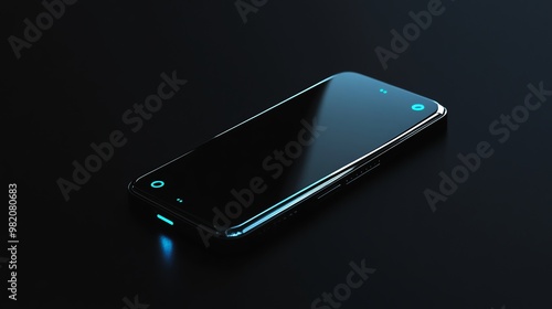 Black smartphone with blue light on a black background.