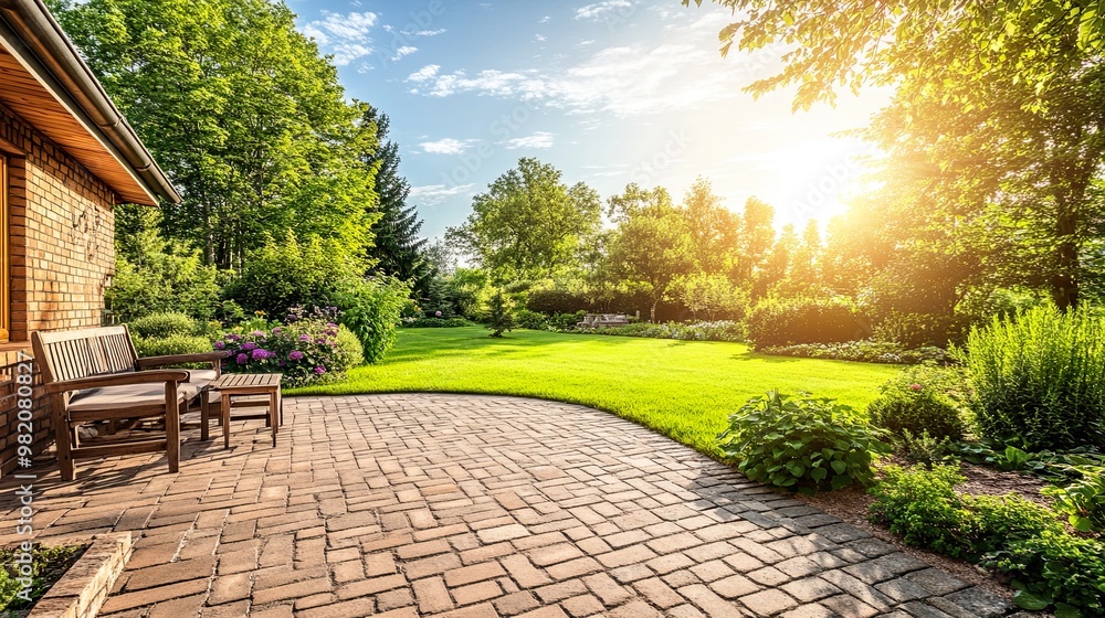 Fototapeta premium Serene garden with sunlight and lush greenery.