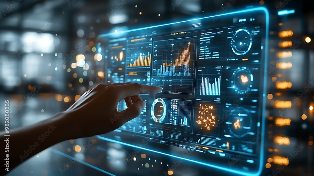 A close-up of a hand interacting with a glowing holographic dashboard, filled with real-time charts, customer analytics, and performance indicators, A close-up of a hand interacting with a glowing holographic dashboard, filled with real-time charts, customer analytics, and performance indicators,