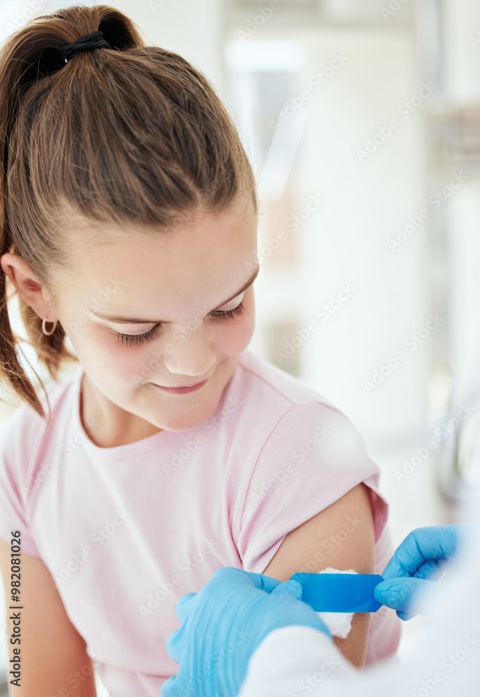 Happy girl, doctor and injection with plaster for checkup, vaccination or flu shot at hospital. Child, kid and medical employee applying bandaid for bruise, recovery or vaccine at clinic appointment Happy girl, doctor and injection with plaster for checkup, vaccination or flu shot at hospital. Child, kid and medical employee applying bandaid for bruise, recovery or vaccine at clinic appointment