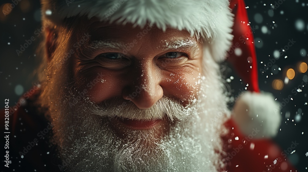 Santa Claus smiling and looking at the camera, magical atmosphere background with snowflakes falling Santa Claus smiling and looking at the camera, magical atmosphere background with snowflakes falling