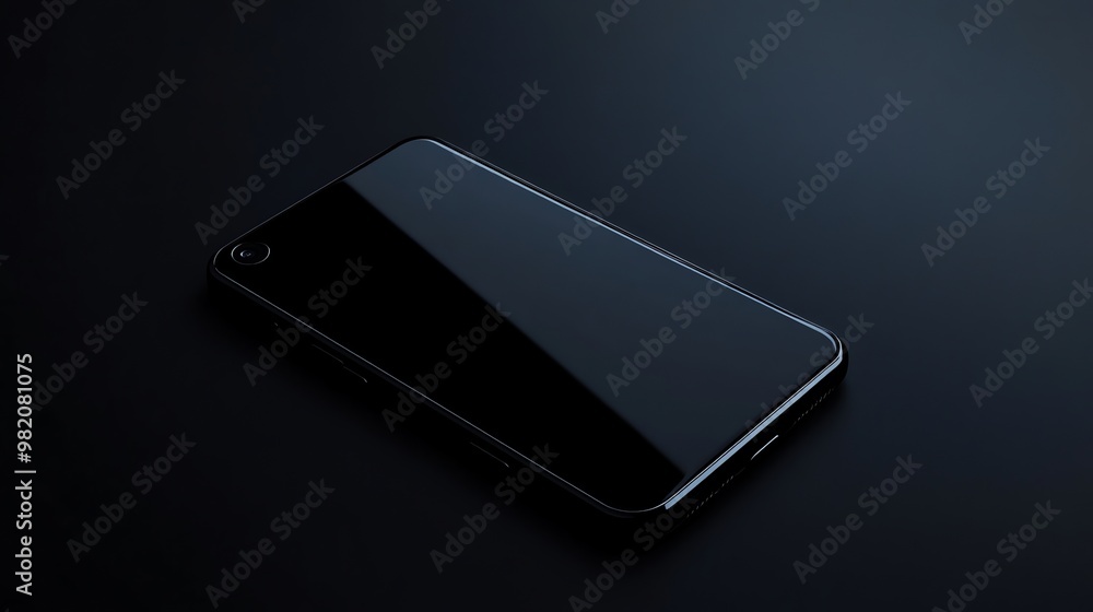 A black smartphone lies on a black surface. A black smartphone lies on a black surface.
