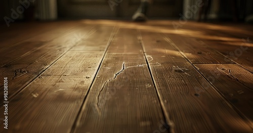 A distinct scratch marks the wooden floor, captured in a close-up view