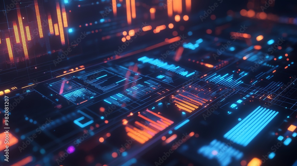 Obraz premium A futuristic digital interface with glowing blue and orange lines.